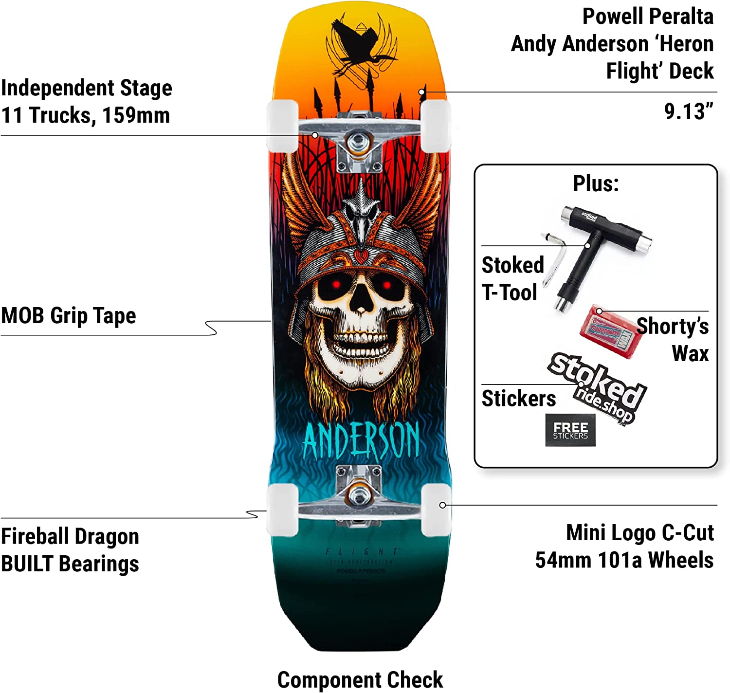 Powell-Peralta Flight Andy Anderson Crane Skull Pro Skateboard Complete