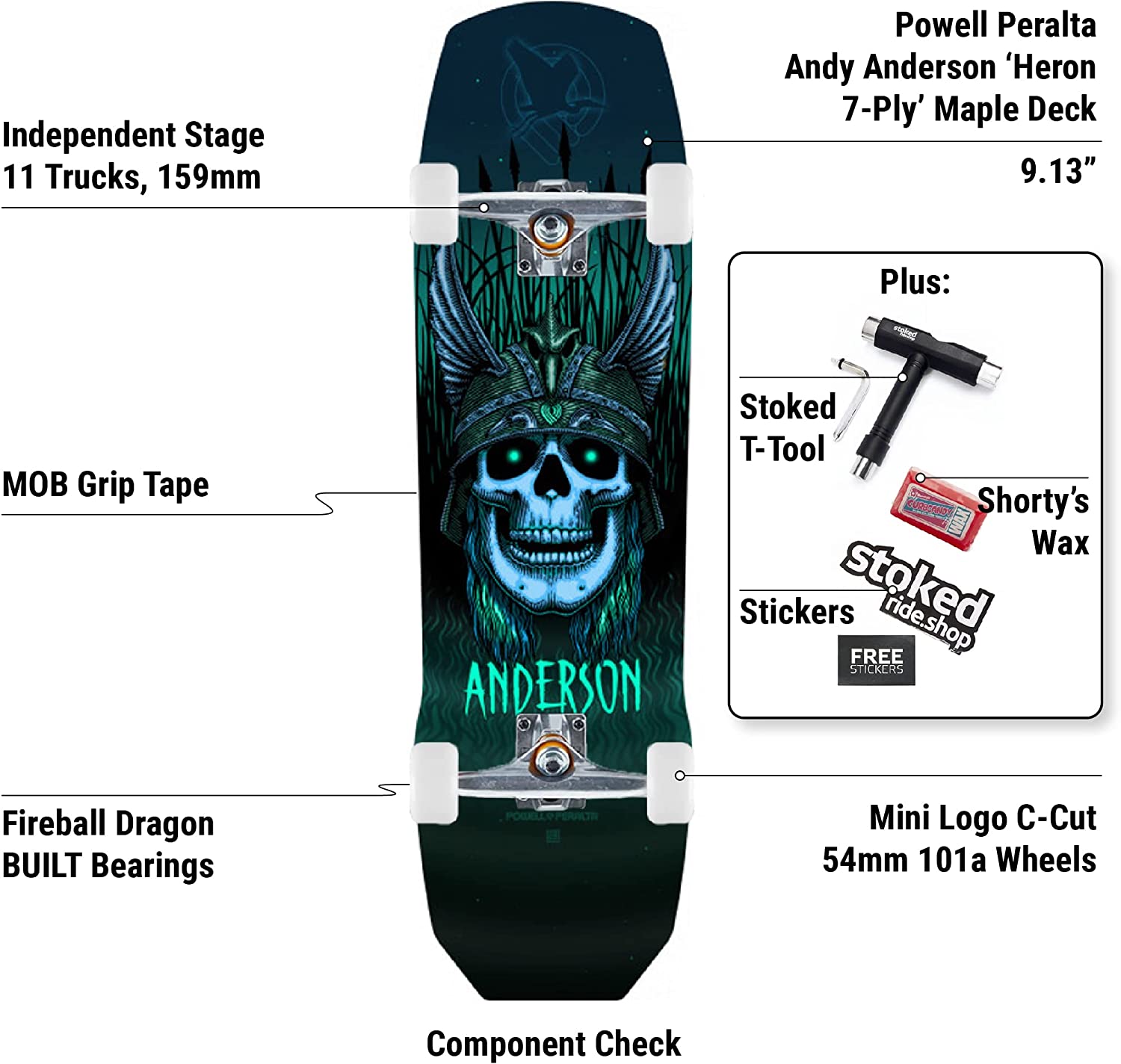 Powell-Peralta Flight Andy Anderson Crane Skull Pro Skateboard Complete