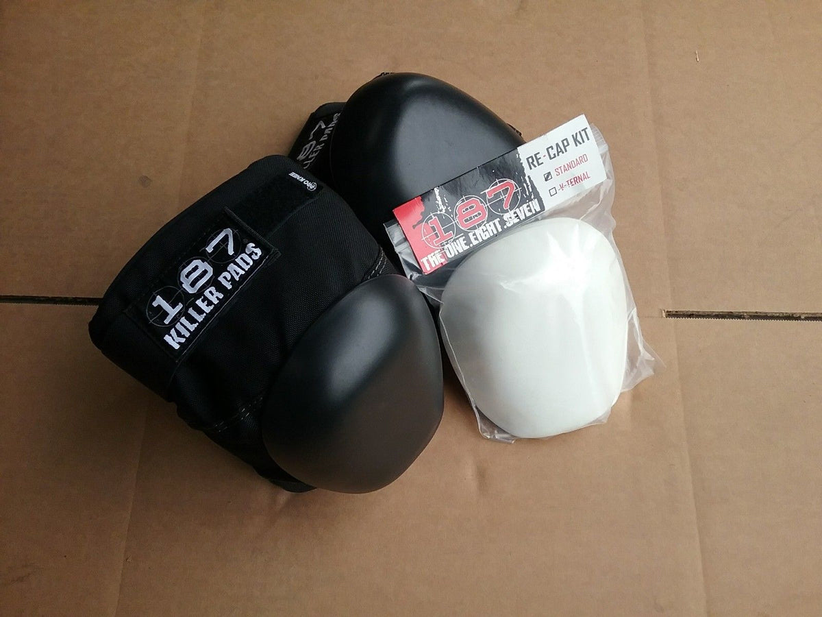 187 Killer Pads Pro Knee Medium Black with Standard White Re-Cap Kit Skateboard