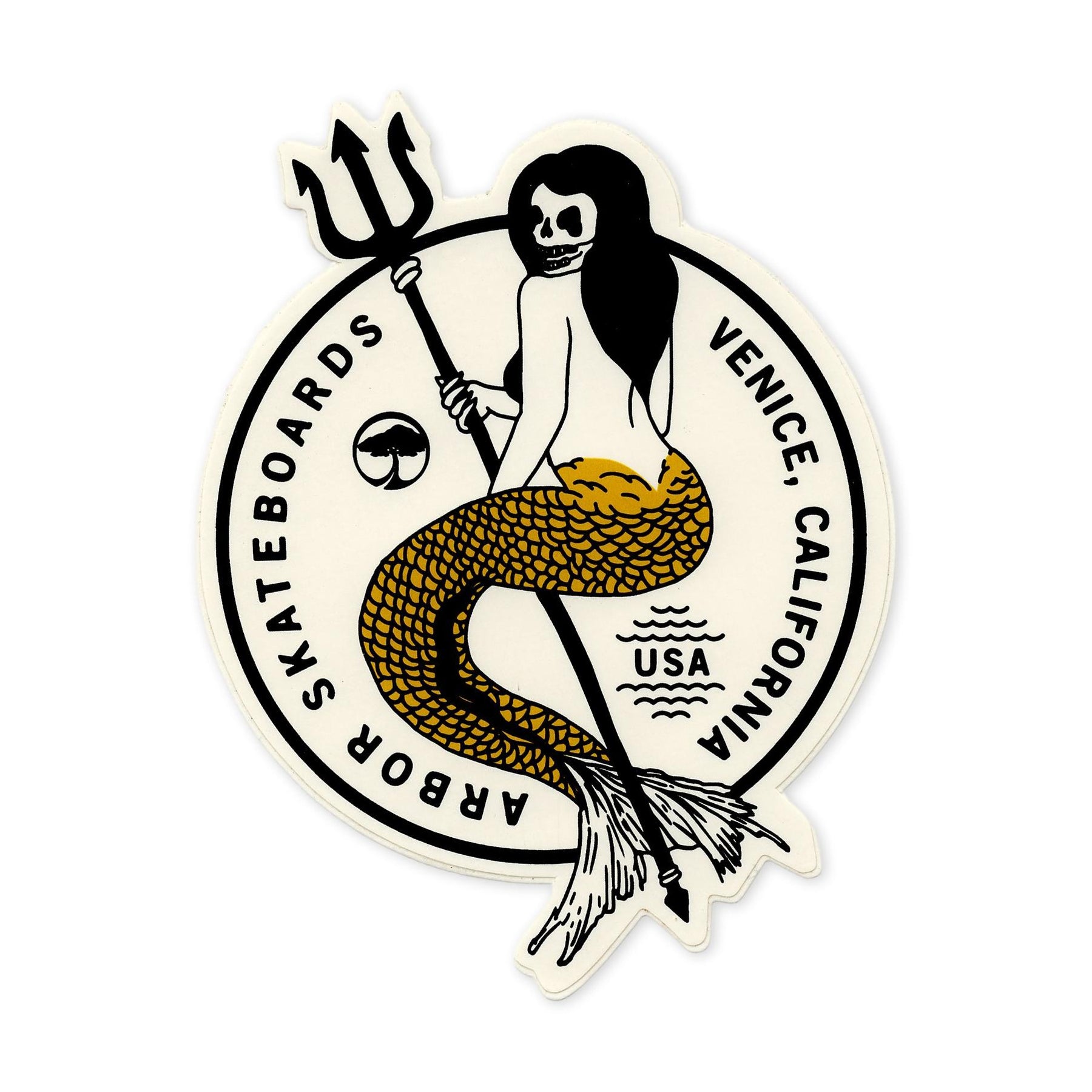 Arbor Skateboards Skeleton Mermaid Sticker, Yellow
