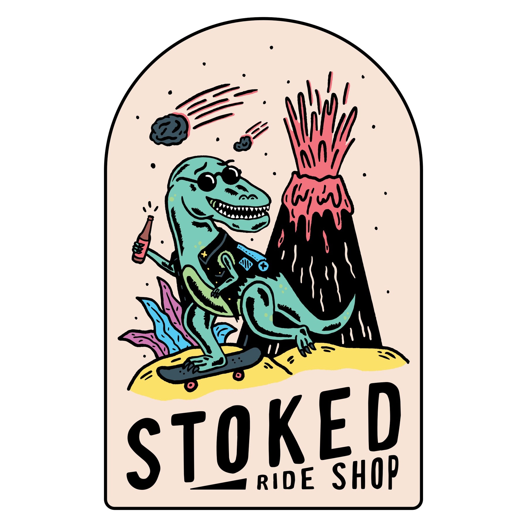 Stoked Ride Shop Sticker, Shredosaurus